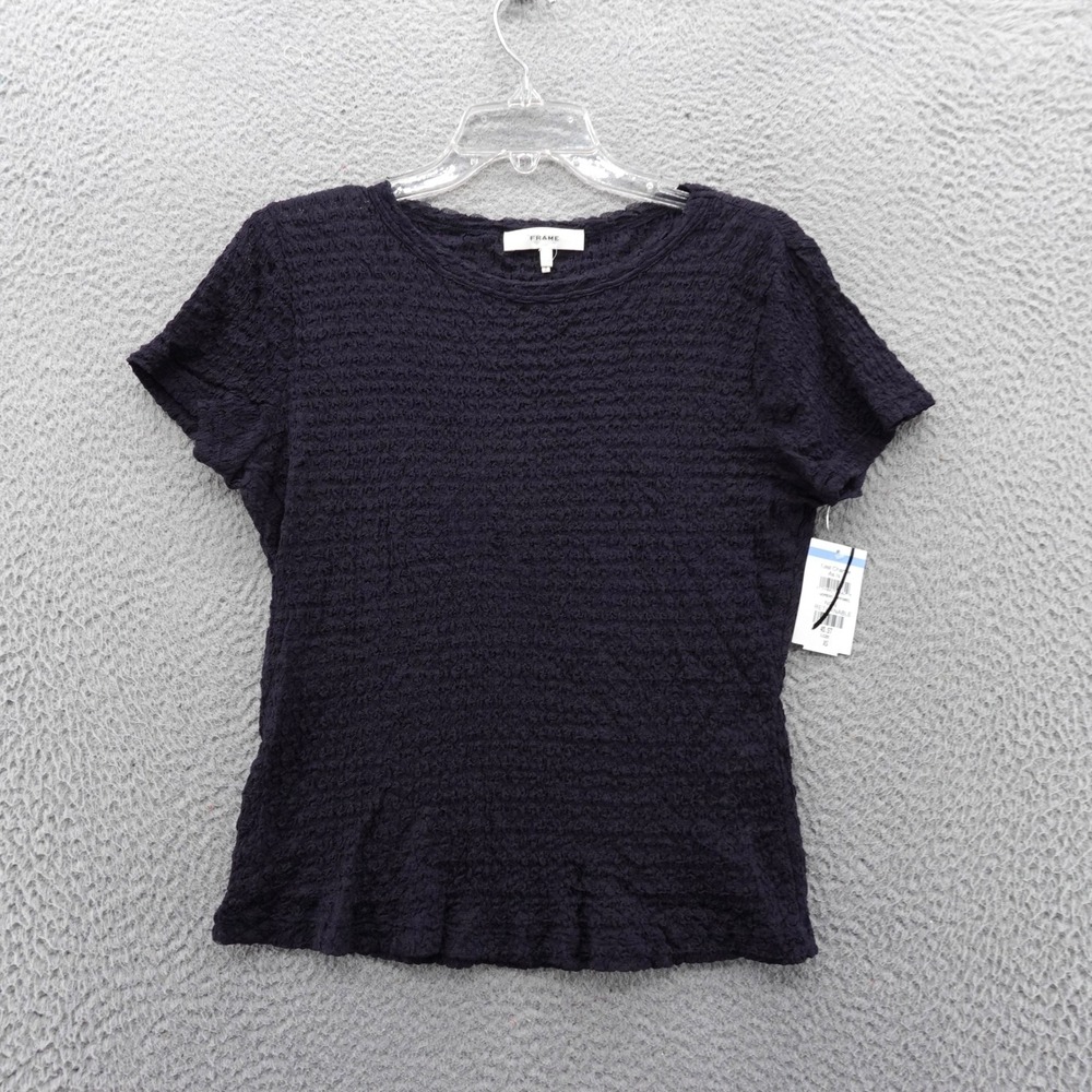 FRAME Womens Navy Textured Lace Short Sleeve Crew Neck Top‎ Large NEW